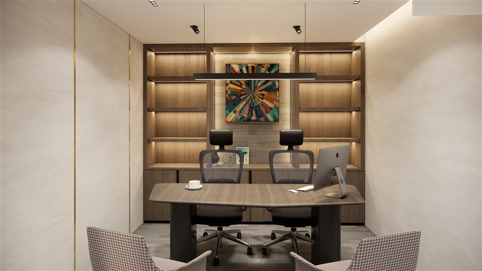Office interior with a central desk and illuminated shelving