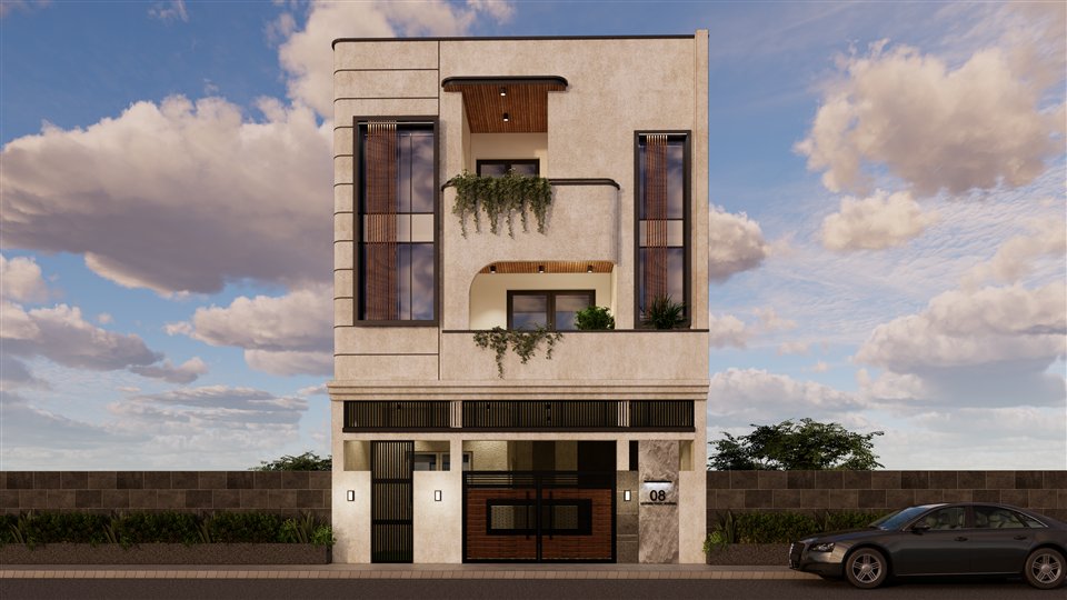 Residential facade study with curved balconies and tall dark-framed windows