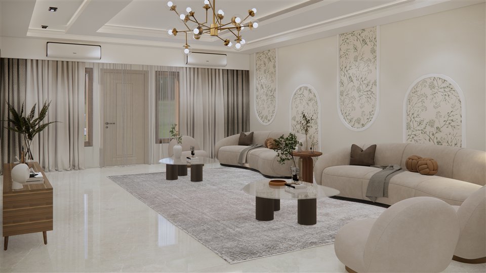 Drawing room with decorative wall panels and soft neutral furnishings