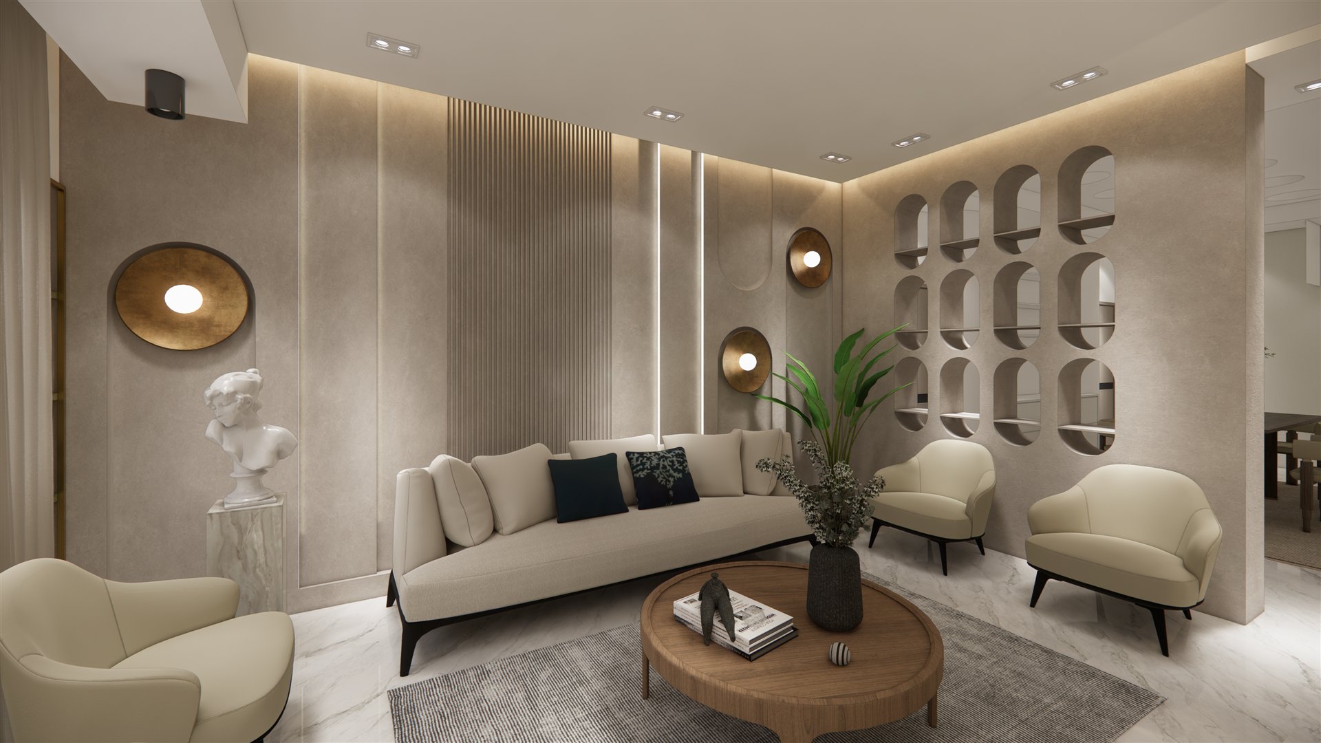 Warm living room with sculptural wall details, curved seating and concealed lighting