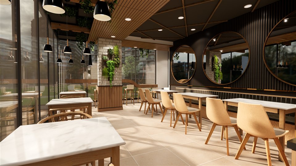 The Gym Kitchen cafe with timber ceiling, dark walls and daylight