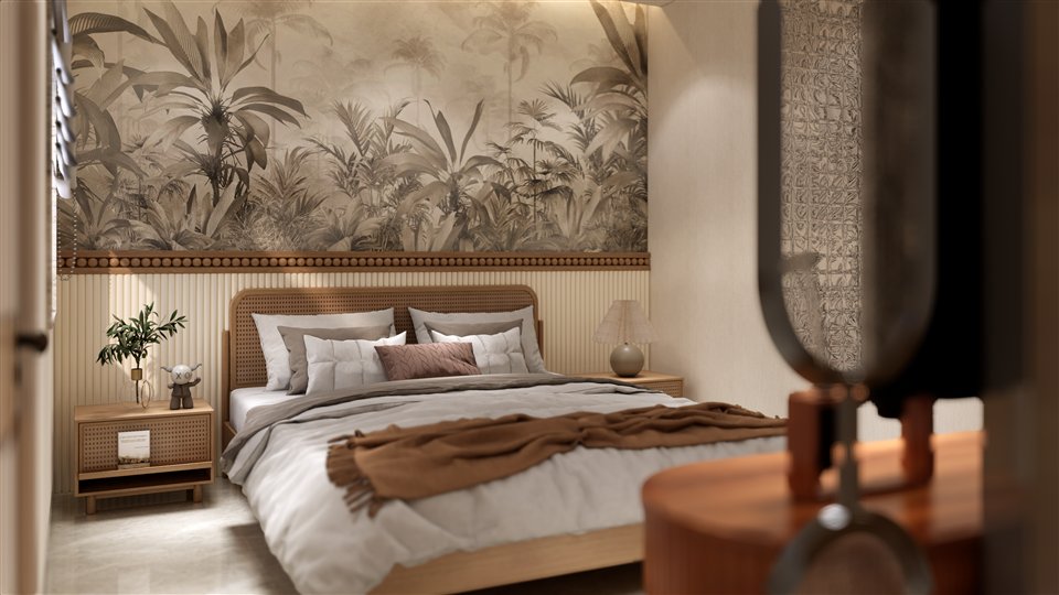 Bedroom with a botanical mural and warm timber details
