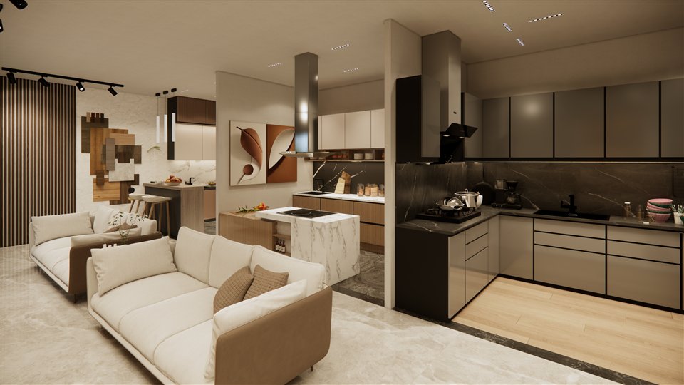 Kitchen gallery with material displays and integrated joinery