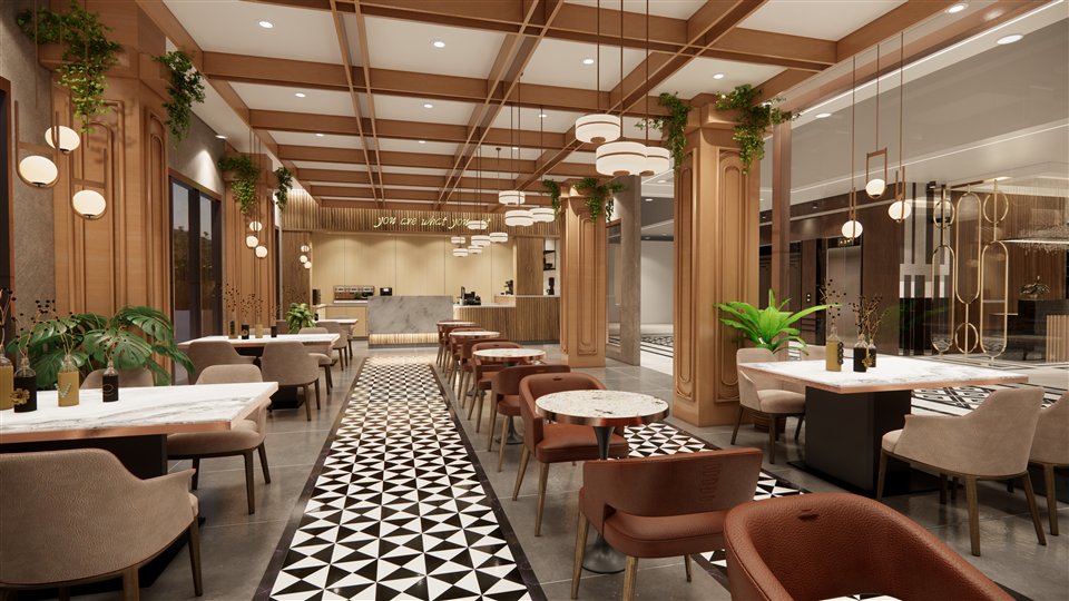 Bhiwadi restaurant with timber columns, pendant lights and patterned flooring